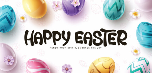 Happy easter wishes clipart banner design. Happy easter greeting text clip art with colorful printed easter eggs and flowers in white doodle background. Vector illustration.