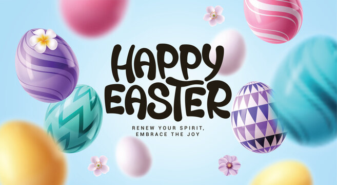 Happy easter greeting text clipart design. Happy easter typography text with printed colorful easter eggs clip art in blurred white background. Vector illustration easter sunday banner card design.
