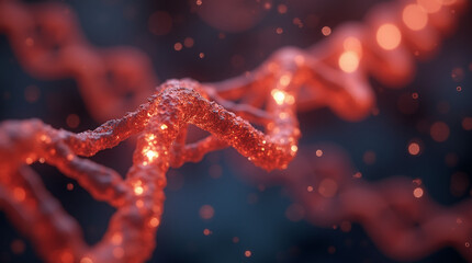  Radiant Genetic Helix Close-Up Featuring a Vibrantly Glowing DNA Strand in a High-Tech Laboratory Environment, Surrounded by Floating Particles and Captured with Dramatic Depth of Field