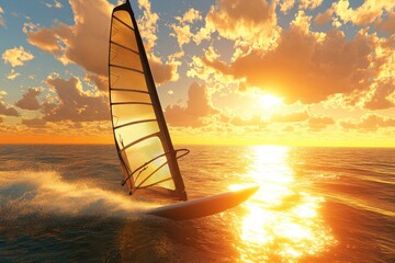 A dynamic windsurfer glides across the golden sunset sea.