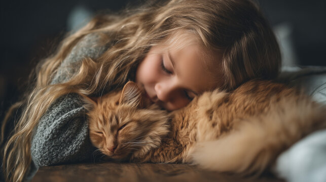 Peaceful Girl Hugging Her Sleeping Cat – Celebrate Unbreakable Bonds and Feline Love During National Adopt a Cat Month - Powered by Adobe