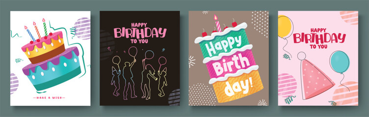 Birthday party clipart poster set design. Happy birthday invitation, wishes and greeting card outline collection with cake and people elements. Vector illustration bday invitation card clip art. 

