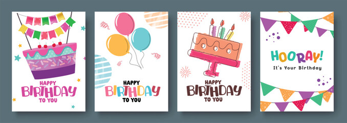 Birthday party invitation card clipart poster set design. Happy birthday greeting with cake, balloons and pennants elements colorful drawing sketch clip art in outline doodle background.