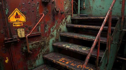Rust-Kissed Stairwell: An aged stairwell showcases a weathered look, with the vibrant warning signs indicating caution, evoking a sense of gritty realism.