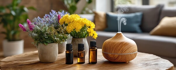 Calm environment through serenity and positivity in therapy concept. Aromatic oil diffusers with flowers for a calming home vibe.