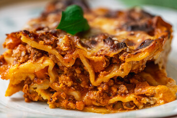 A piece of lasagna according to a traditional Italian recipe on a plate on a light background and in a baking dish. Close-up.