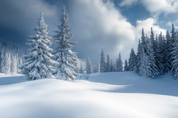 Obraz premium Winter forest with snow-covered trees and frosty landscape under a blue sky