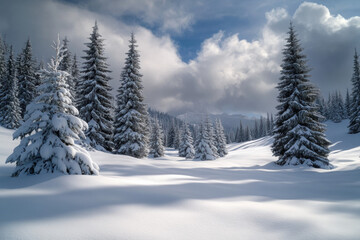Fototapeta premium Beautiful snowy winter forest in the mountains under a blue sky