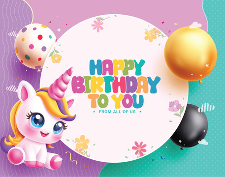 Birthday invitation card vector template design. Happy birthday greeting text in circle white space with unicorn character and colorful balloons in abstract background. Vector illustration.