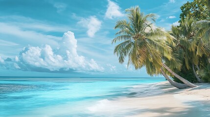 Serene tropical beach with palm trees and clear blue water under a bright sky.