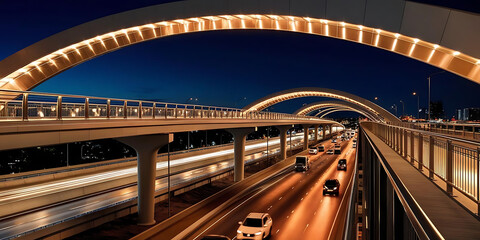 Nighttime Modern Highway with Illuminated Arches and Light Trails

