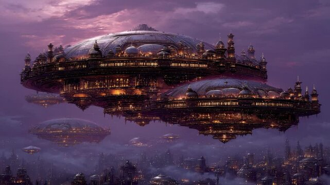 sci-fi fantasy colony colossus circle shape spaceships under purple pink sky , ethereal other worldly 