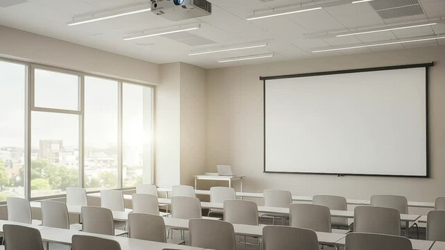 Bright classroom with projector screen and modern furniture