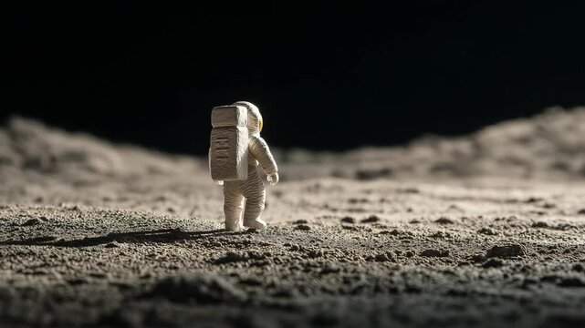 cute miniature spaceman, astronaut walking softly on planet ground with dark space 