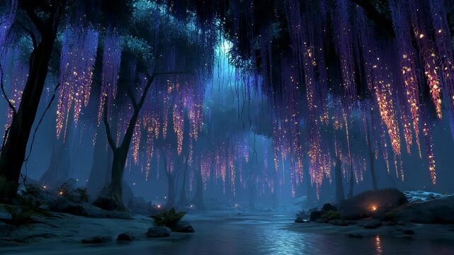 low angle enchanted forest scenery with wisteria flower glowing in dark 
