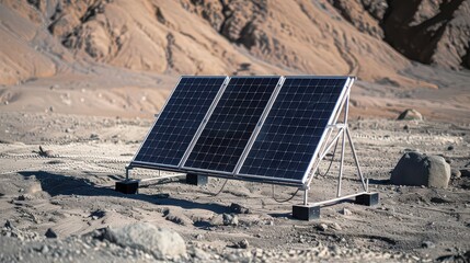 Solar panels in a desert landscape with mountains in the background providing renewable energy source