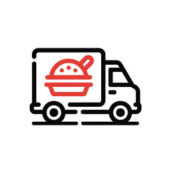 Naklejka premium Food Truck Icon Highlighting Meal Delivery, Street Food Services, Restaurant Logistics and Takeout Orders for Online Platforms and Mobile Delivery Applications