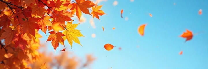 Fototapeta premium Autumn leaves swirling in a gentle breeze, creating a mesmerizing dance of color against a clear blue sky Perfect for nature, fall, and seasonal themes , brown, fresh, breeze