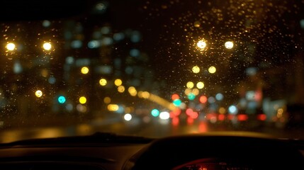 Urban night drive through a rain-streaked windshield, streetlights blur into golden orbs. A quiet journey through the glowing city.