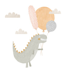 Cute Happy Dinosaur Holding Big Balloons. Lovely Hand Drawn Vector Illustration Of Funny Dino. Tyrannosaurus Rex With A Bunch Of Balloons. You Are The Best.Nursery Art With Dino.Neutral Gender Colors.