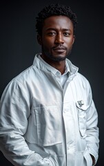 Obraz premium Confident professional in white attire portrait against dark background