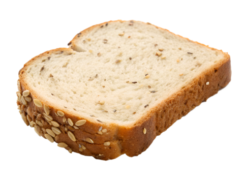 Slice of multigrain bread with visible seeds | High-Resolution Cereal & Grain Food Image on White Background.