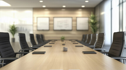 Modern conference room featuring a long wooden table surrounded by black ergonomic chairs, professional atmosphere