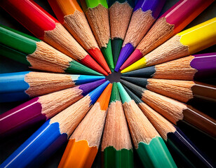 Colored pencil tips arranged in circle, macro stationery shot &ndash; pencils, color, macro