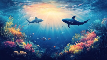 Obraz premium Underwater world with sharks swimming amid a vibrant coral reef ecosystem