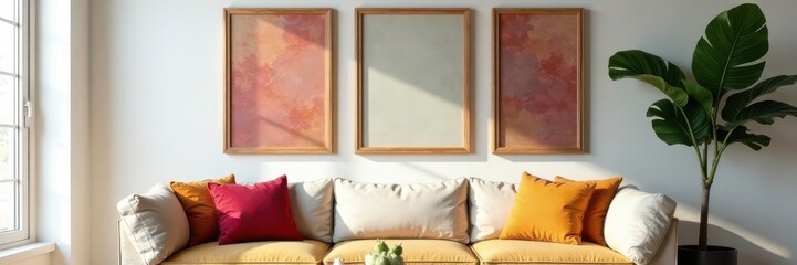 Group of textured wooden frames on modern wall near stylish sofa , stylish, wall
