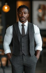Fototapeta premium Confident man in stylish suit posing in modern interior setting