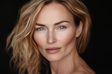 Fototapeta premium Close-up portrait of a confident woman with wavy blonde hair and striking blue eyes, showcasing natural beauty against a dark background, emphasizing facial features and expression
