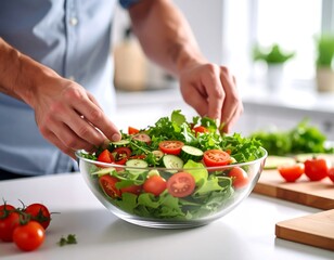 Man preparing fresh salad with tomatoes cucumbers and lettuce in a kitchen setting. Healthy food concept
