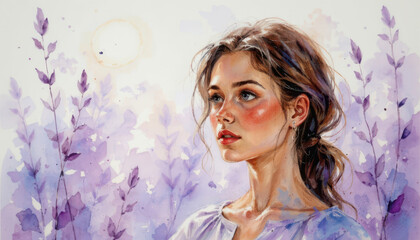 create a captivating watercolor painting featuring a subject set against a backdrop of crisp sunlight with violet tones, the image should be clear and detailed