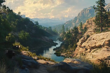 A serene landscape featuring a river winding through rocky terrain and lush greenery.
