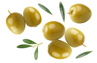 green olives isolated on white background. clipping path