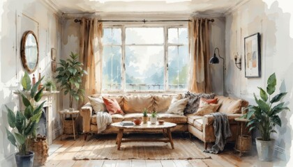 Fototapeta premium watercolor painting of a cozy home interior with layered textiles soft light and houseplants for lifestyle branding and home decor content