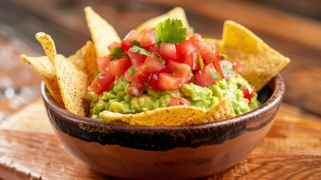 Freshly made guacamole with tortilla chips, served in a rustic bowl, Mexican flavors