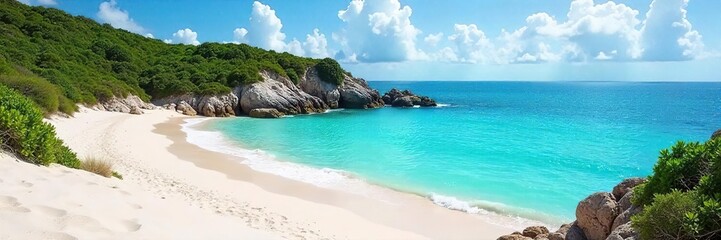 Obraz premium Serene, secluded cove with pristine white sand and turquoise water, untouched by crowds Perfect for relaxation and escape Sun-kissed dunes meet the ocean's edge , wilderness, idyllic