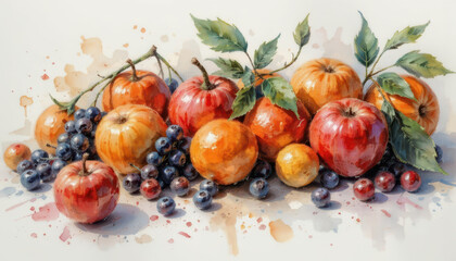 natural watercolor photograph of fruit harvest in soft light with texture rich colors for farm to table content and organic lifestyle imagery