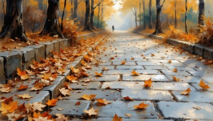 soft focus watercolor photograph of autumn leaves scattered on stone path with golden light for seasonal campaigns and nostalgia marketing
