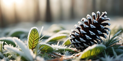 Winter Morning Close-Up of Pine Cone with Frost and Leaves

