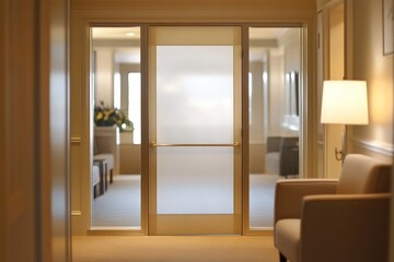 Obraz premium Elegant office hallway with frosted glass doors
