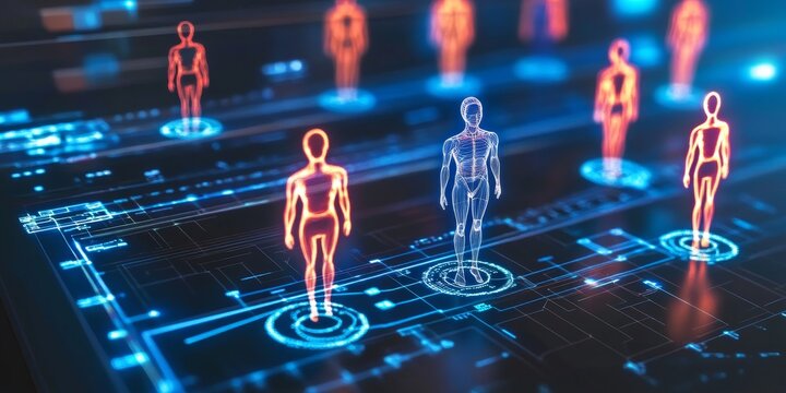 Digital human figures in futuristic interface signifying personalized medicine and precise...