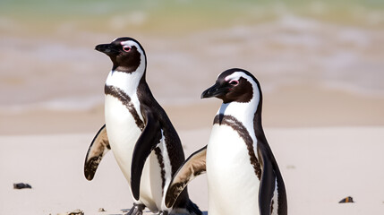 Naklejka premium couple of African penguins together on the beach