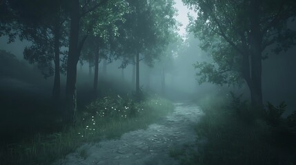 Fototapeta premium A misty forest path surrounded by trees, creating a serene and mysterious atmosphere.