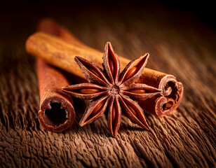 Cinnamon sticks and star anise on rustic wooden surface, macro