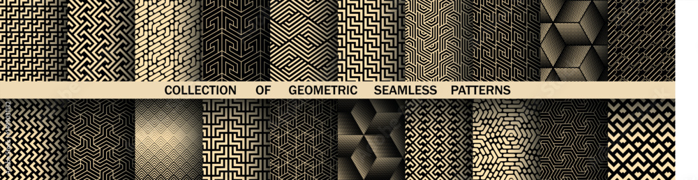 Leinwandbilder geometric set of seamless black and golden patterns. simple vector graphics