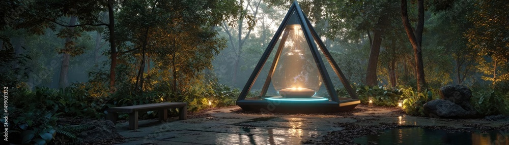 Aufkleber Digital detox with meditation and escape from chaos concept. Serene forest scene with a futuristic triangular structure emitting light.
