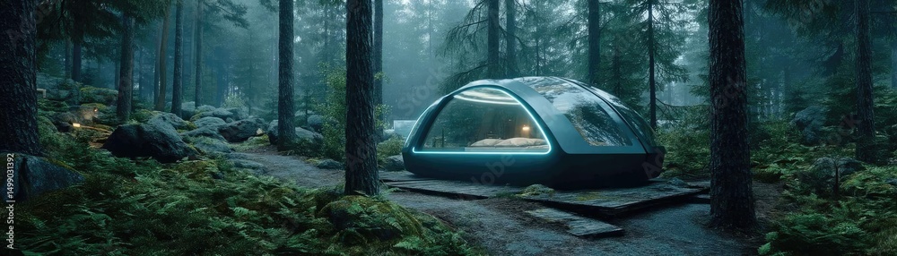 Poster digital detox with meditation and escape from chaos concept. unique geodesic dome nestled in a seren
